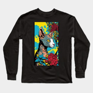 Sphynx Cat Vibrant Tropical Flower Tall Retro Vintage Digital Pop Art Portrait Long Sleeve T-Shirt